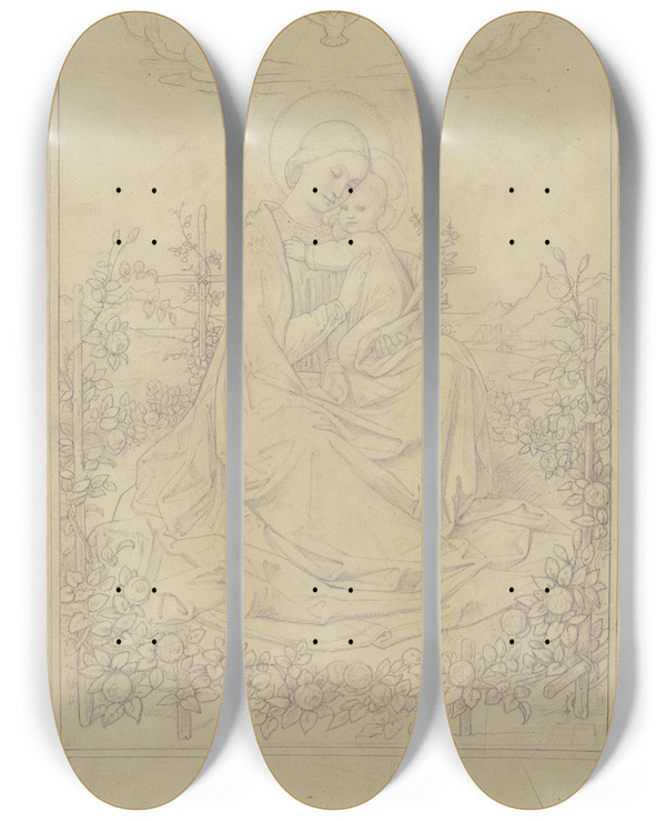 Triptych art skateboard deck of Eduard Von Steinle Madonna In The Rose Garden by Eduard Von Steinle (1810-1886)