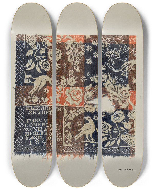 Triptych art skateboard deck of George E Rhone Eagle Coverlet by George E Rhone