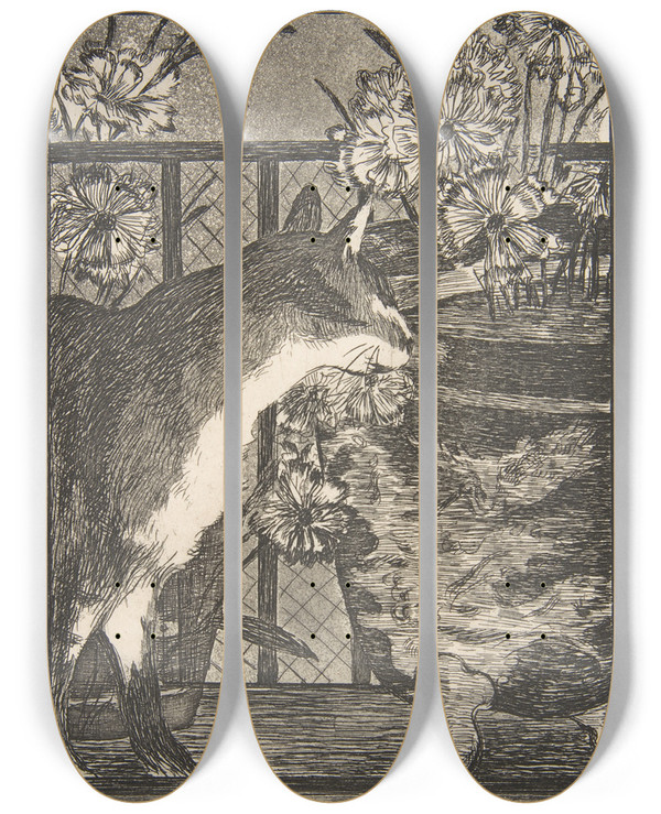 Triptych art skateboard deck of Douard Manet Cat And Flowers by douard Manet (1832-1883)
