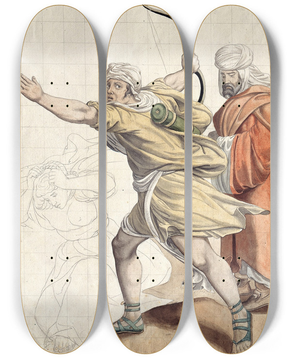 Triptych art skateboard deck of Friedrich Von Olivier Fleeing Archers by Friedrich Von Olivier (1791-1859)