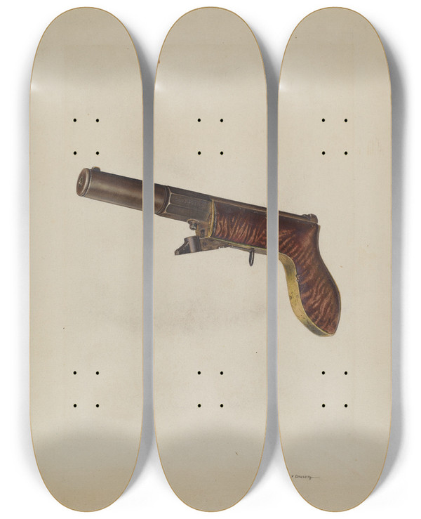 Triptych art skateboard deck of Alf Bruseth Muzzle Loading Pistol by Alf Bruseth