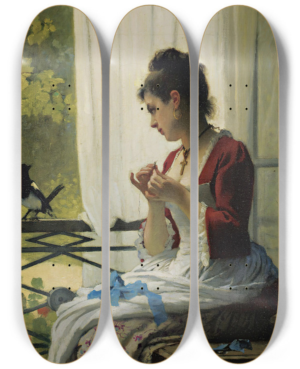 Triptych art skateboard deck of Joseph Caraud The Magpie by Joseph Caraud (1821-1905)