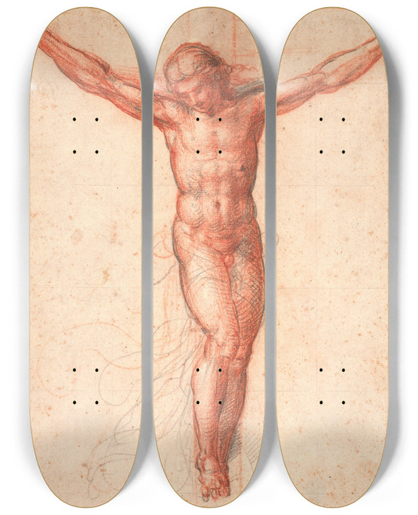 Triptych art skateboard deck of Fra Bartolomeo The Crucified Christ by Fra Bartolomeo (1472-1517)