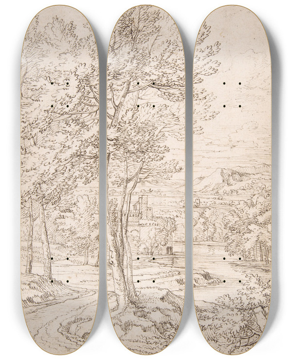 Triptych art skateboard deck of Abraham Genoels Ii Classical Landscape With A Building And A River by Abraham Genoels Ii (1640-1723)