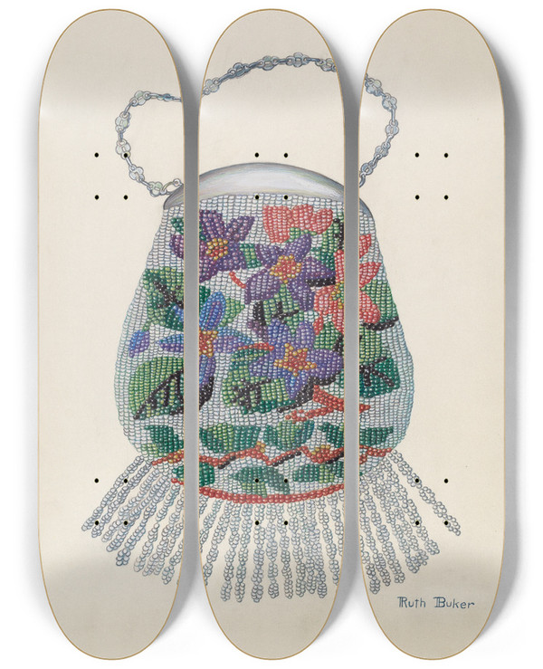 Triptych art skateboard deck of Ruth Buker Purse by Ruth Buker