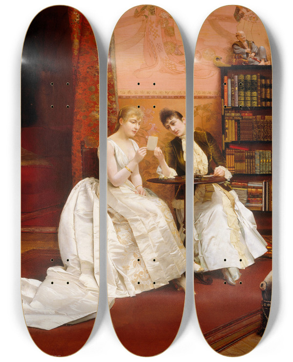Triptych art skateboard deck of Georges Croegaert Confidences by Georges Croegaert (1848-1923)