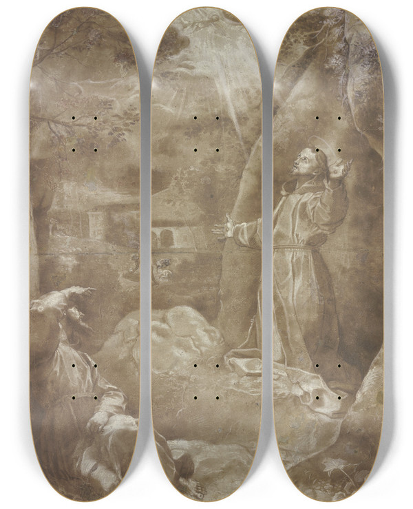 Triptych art skateboard deck of Federico Barocci Der Heilige Franziskus Empfngt Im Beisein Bruder Leos Von Assisi Die Wundmale by Federico Barocci (1528-1612)
