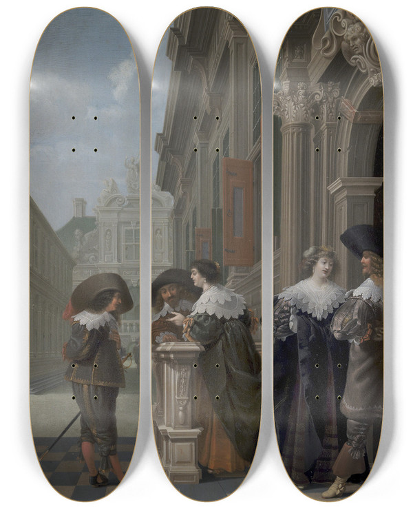 Triptych art skateboard deck of Dirck Van Delen Conversation Outside A Palace by Dirck Van Delen (1604-1671)