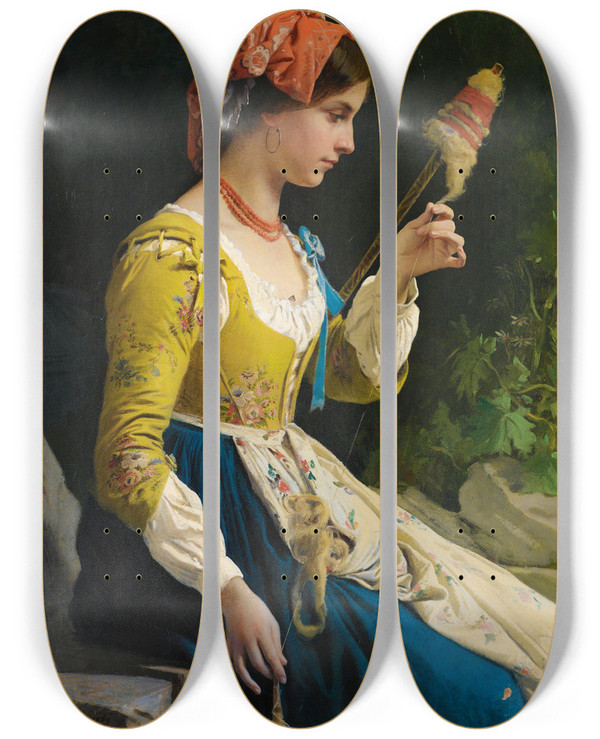 Triptych art skateboard deck of Eleuterio Pagliano The Spinner by Eleuterio Pagliano (1826-1903)