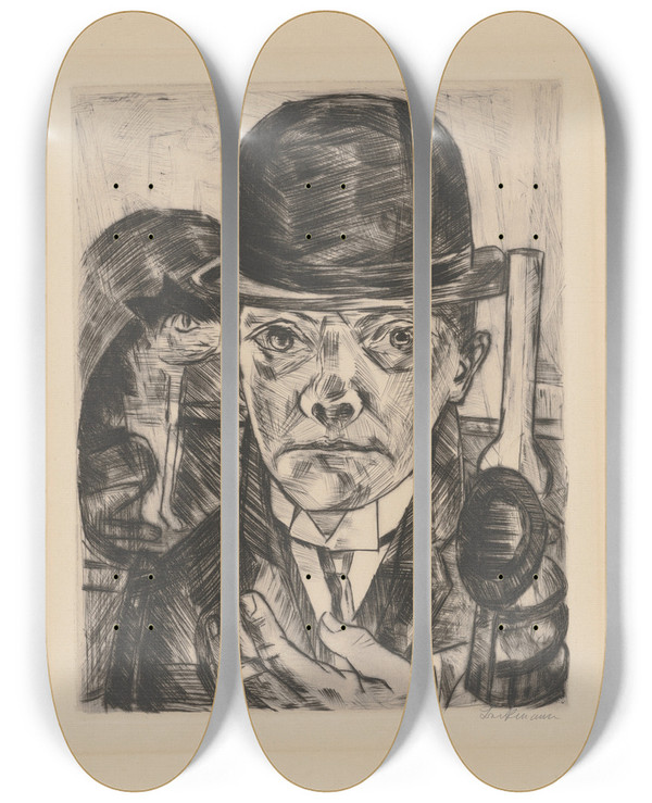 Triptych art skateboard deck of Max Beckmann Elbstbildnis Mit Steifem Hut by Max Beckmann (1884-1950)