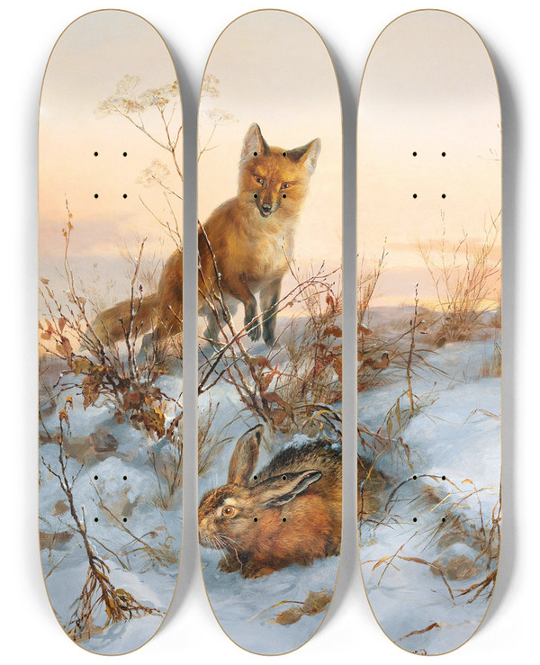 Triptych art skateboard deck of Carl Gerber Fox And Hare by Carl Gerber (1839-1866)