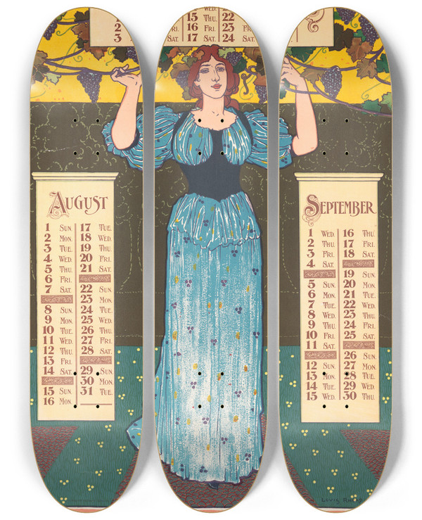 Triptych art skateboard deck of Louis Rhead Poster Calendar For 1897 July August September by Louis Rhead (1857-1926)