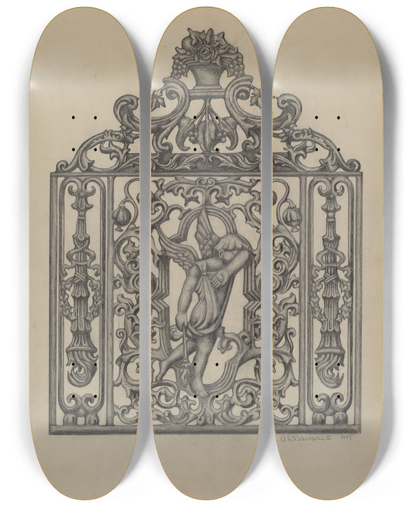 Triptych art skateboard deck of Austin L Davison Gate For Cemetary Plot by Austin L Davison