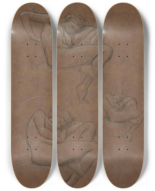Triptych art skateboard deck of Frederic Leighton Three Studies For Flaming June by Frederic Leighton (1830-1896)