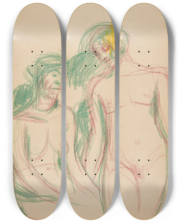 Triptych art skateboard deck of Harald Giersing En Siddende Og En Stendelig Kvindelig Model by Harald Giersing (1881-1927)