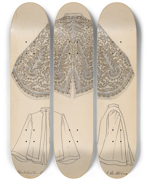 Triptych art skateboard deck of Isabelle De Strange Embroidered Jacket by Isabelle De Strange
