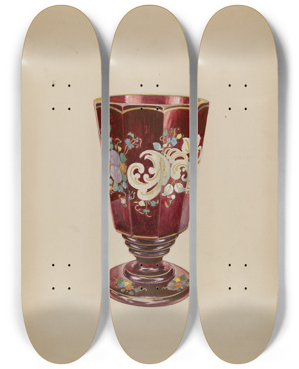 Triptych art skateboard deck of Ralph Atkinson Vase Ruby Glass by Ralph Atkinson (20-)