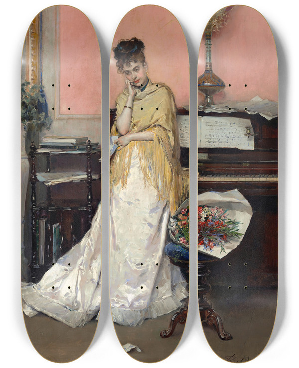 Triptych art skateboard deck of Raimundo De Madrazo Y Garreta Reverie The Letter by Raimundo De Madrazo Y Garreta (1841-1920)