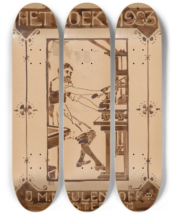 Triptych art skateboard deck of Reinier Willem Petrus De Vries Het Boek In 1903 by Reinier Willem Petrus De Vries (1874-1952)