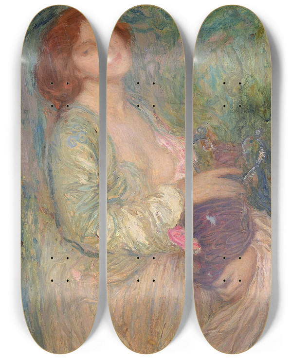 Triptych art skateboard deck of Edmond Francois Amanjean Woman With Vase by Edmond Francois Aman-Jean (1858-1936)