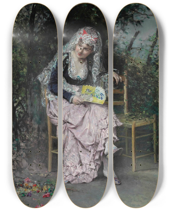 Triptych art skateboard deck of Raimundo De Madrazo Y Garreta The Rendezvous by Raimundo De Madrazo Y Garreta (1841-1920)