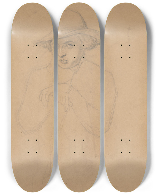 Triptych art skateboard deck of Jzef Simmler Halflength Figure Of Young Man In A Hat by Jozef Simmler (1823-1868)