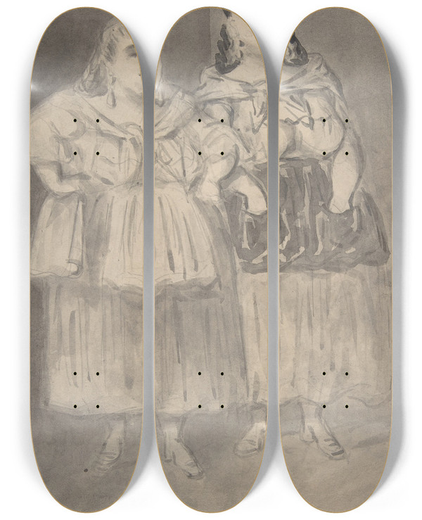 Triptych art skateboard deck of Constantin Guys Two Fat Peasant Women by Constantin Guys (1805-1892)