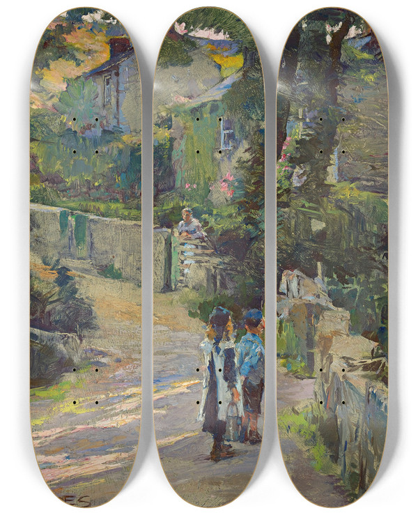Triptych art skateboard deck of Elizabeth Adela Forbes Off To School by Elizabeth Adela Forbes (1859-1912)