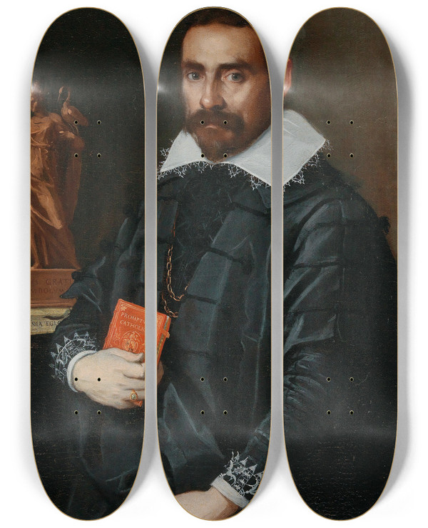 Triptych art skateboard deck of School Of Bergamo Portrait Of A Gentleman Threequarter Length Holding A Book With A Statue In The Background by School of Bergamo
