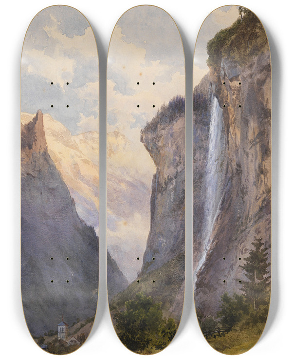 Triptych art skateboard deck of Edward Theodore Compton Der Staubbachfall In Lauterbrunnen Schweiz by Edward Theodore Compton (1849-1921)