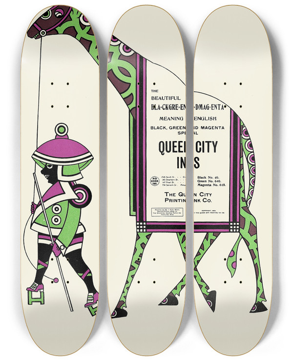 Triptych art skateboard deck of Augustus Jansson Queen City Ink Ad 30 by Augustus Jansson (1863-1931)