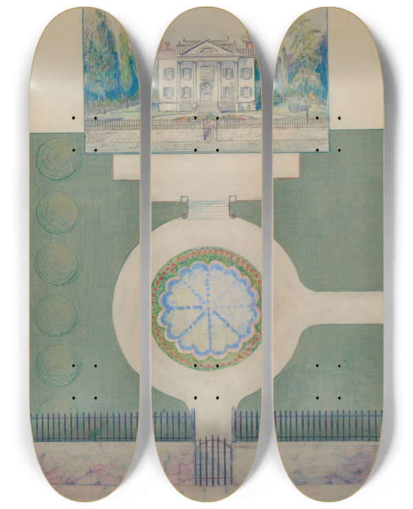 Triptych art skateboard deck of Meyer Goldbaum Coster House by Meyer Goldbaum