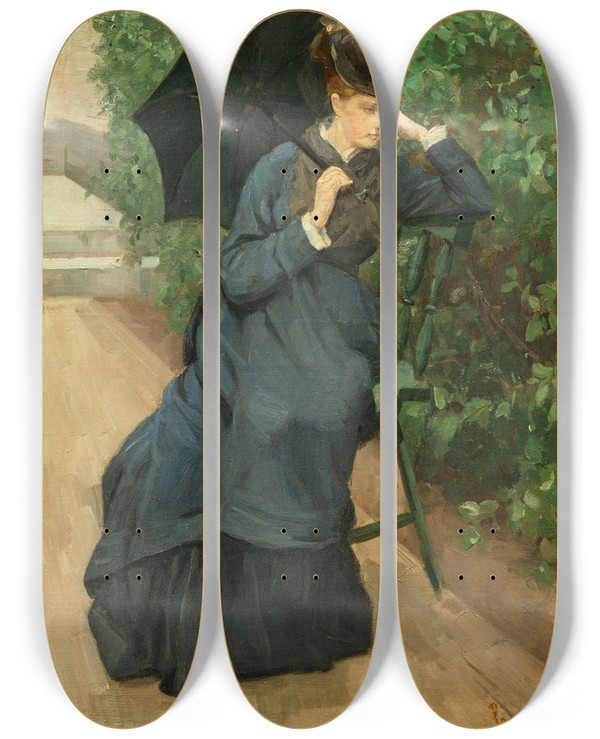 Triptych art skateboard deck of Pericles Pantazis Woman With Umbrella by Pericles Pantazis (1864-1871)