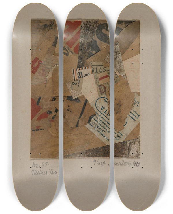 Triptych art skateboard deck of Kurt Schwitters Little Dance by Kurt Schwitters (1887-1948)