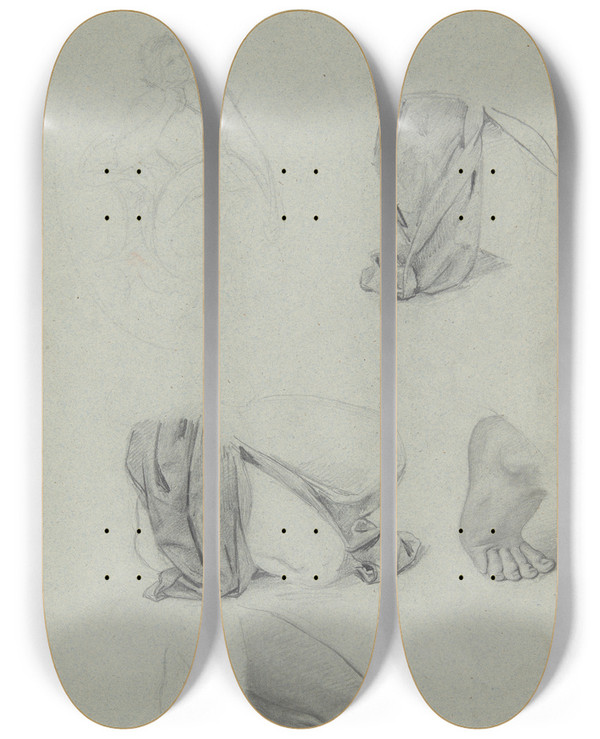 Triptych art skateboard deck of Jzef Simmler Sketch To The Portrait Of Jadwiga Uszczewska Deotyma And Studies Of Fragments Of A Kneeling Figure by Jozef Simmler (1823-1868)