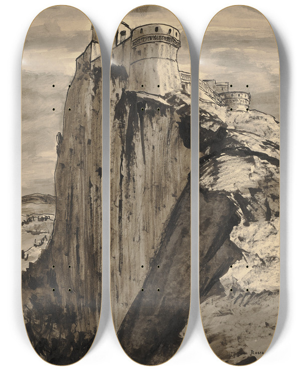 Triptych art skateboard deck of Hermann Lismann Rocca Di San Leo by Hermann Lismann (1878-1943)