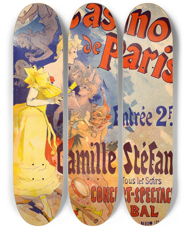 Triptych art skateboard deck of Jules Chret Casino Of Paris Camille Stfani Concertspectacle Bal by Jules Cheret (1836-1932)