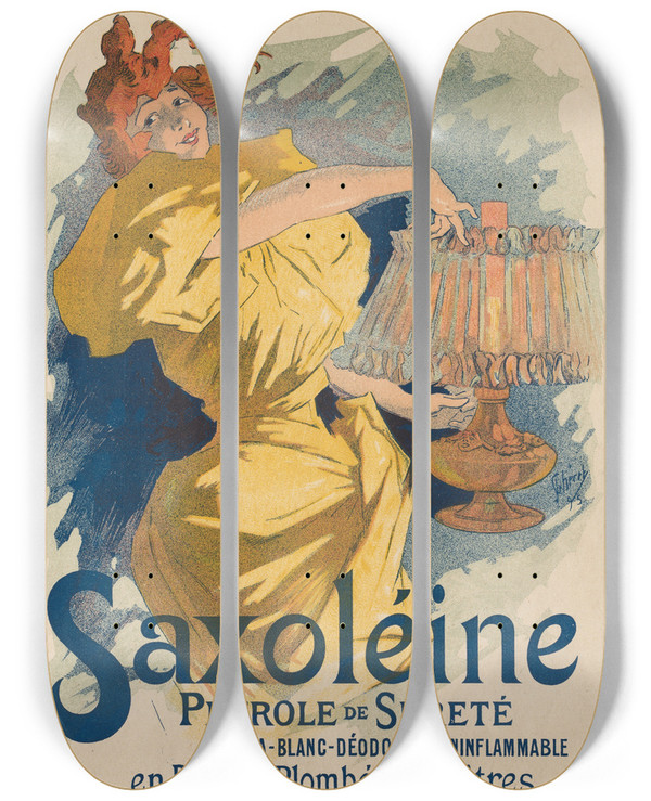 Triptych art skateboard deck of Jules Chret Les Maitres De Laffiche Pl 13 Saxoline by Jules Cheret (1836-1932)