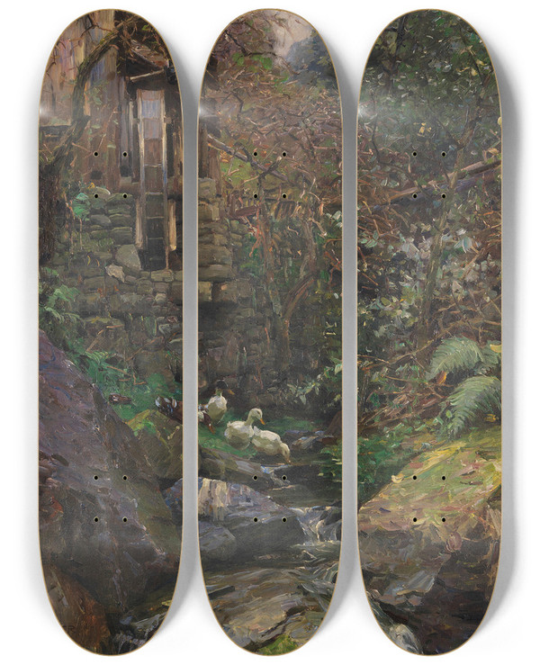 Triptych art skateboard deck of Alexander Koester Im Mhlengrund by Alexander Koester (1864-1932)
