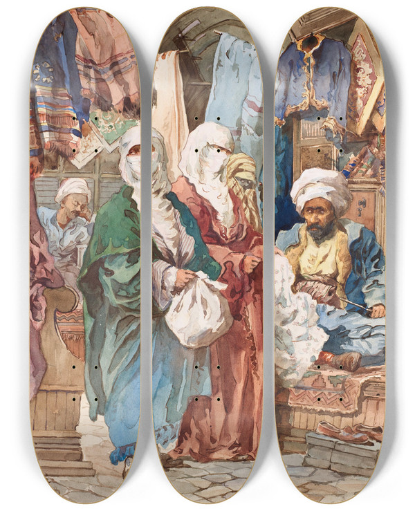 Triptych art skateboard deck of Amadeo Preziosi The Silk Bazaar by Amadeo Preziosi (1816-1882)