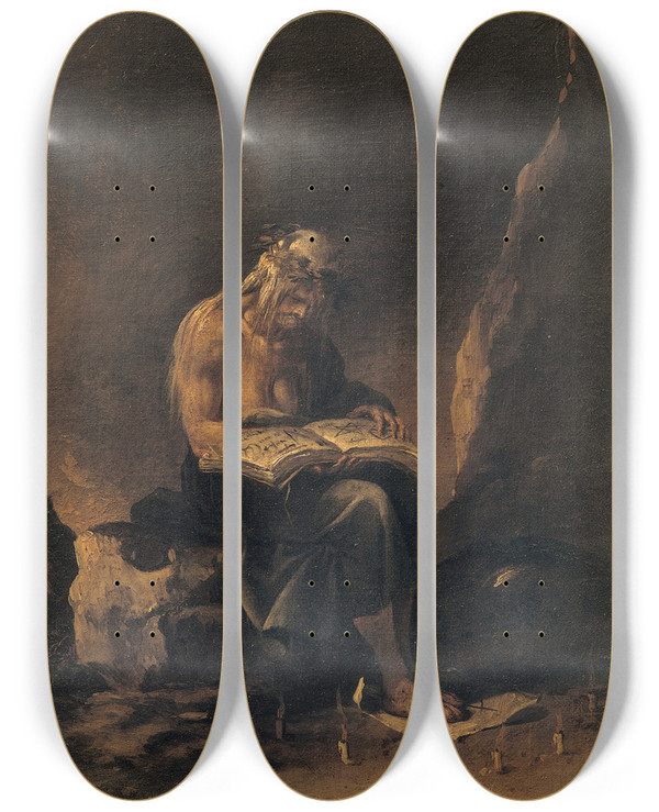Triptych art skateboard deck of Salvator Rosa A Witch by Salvator Rosa (1615-1673)