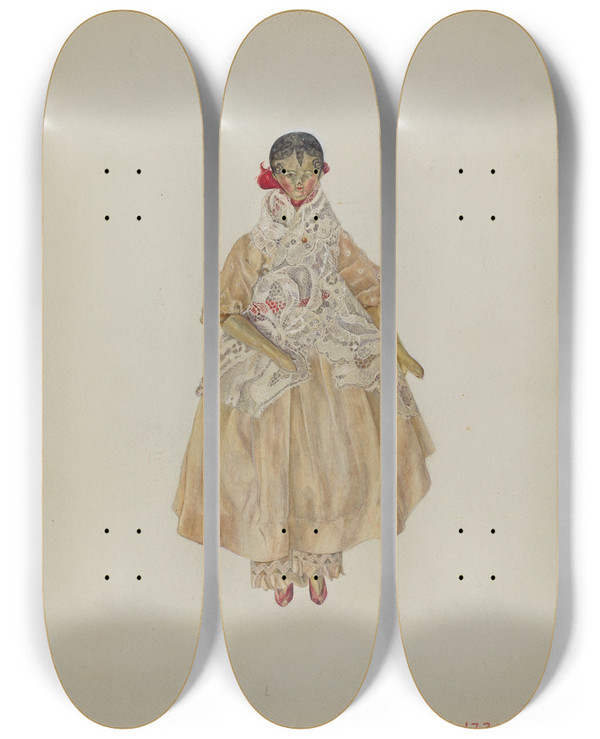 Triptych art skateboard deck of Lucille Lacoursiere Doll by Lucille Lacoursiere