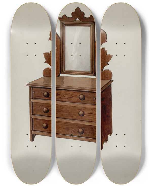 Triptych art skateboard deck of Dana Bartlett Dolls Dresser by Dana Bartlett