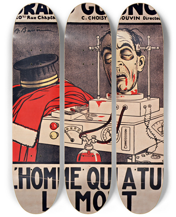 Triptych art skateboard deck of Adrien Barrre Lhomme Qui A Tu La Mort by Adrien Barrere (1874-1931)
