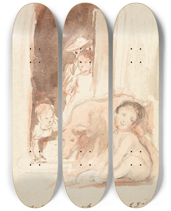 Triptych art skateboard deck of Sir David Wilkie Children With Pig At A Doorway In Ballynahinch Ireland by Sir David Wilkie (1785-1841)