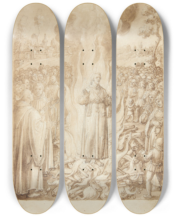 Triptych art skateboard deck of Jan Van Der Straet S Giovanni Alberti Fiorentinos Historie Abbed Petrus Beviser Ved Ildprven At Bispen Af Firenze Er Ktter Og Simonist by Jan van der Straet (1523-1605)