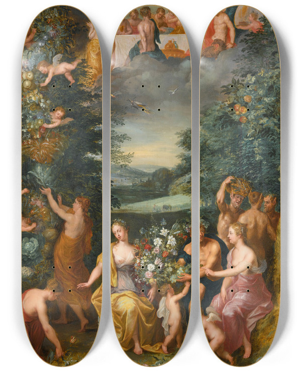 Triptych art skateboard deck of Workshop Of Jan Brueghel The Younger Homage To The Goddess Flora With A Feast Of The Gods by Workshop Of Jan Brueghel The Younger (1601-1678)
