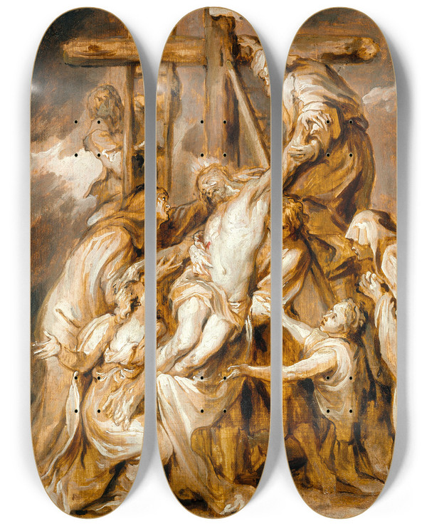 Triptych art skateboard deck of Abraham Van Diepenbeeck The Deposition by Abraham Van Diepenbeeck (1596-1675)
