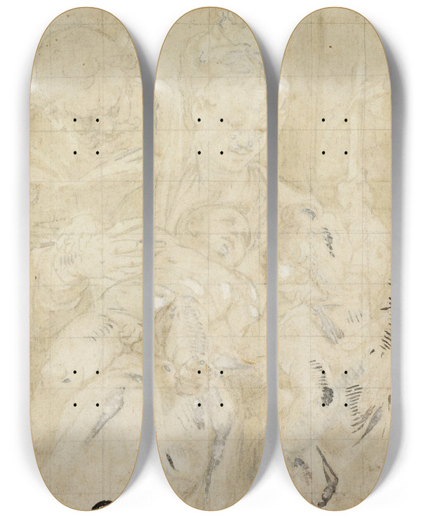 Triptych art skateboard deck of Denys Calvaert Holy Family With The Infant Saint John The Baptist by Denys Calvaert (1540-1619)