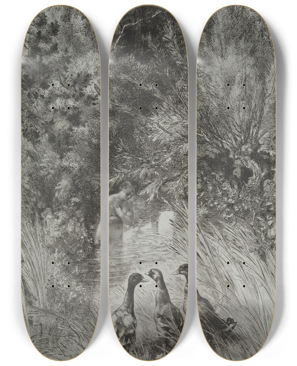Triptych art skateboard deck of Flix Bracquemond The Surprised Ducks by Felix Bracquemond (1833-1914)